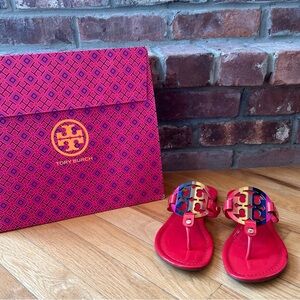 Tory Burch Red Orange Rainbow Printed Patent Leather Miller Sandals